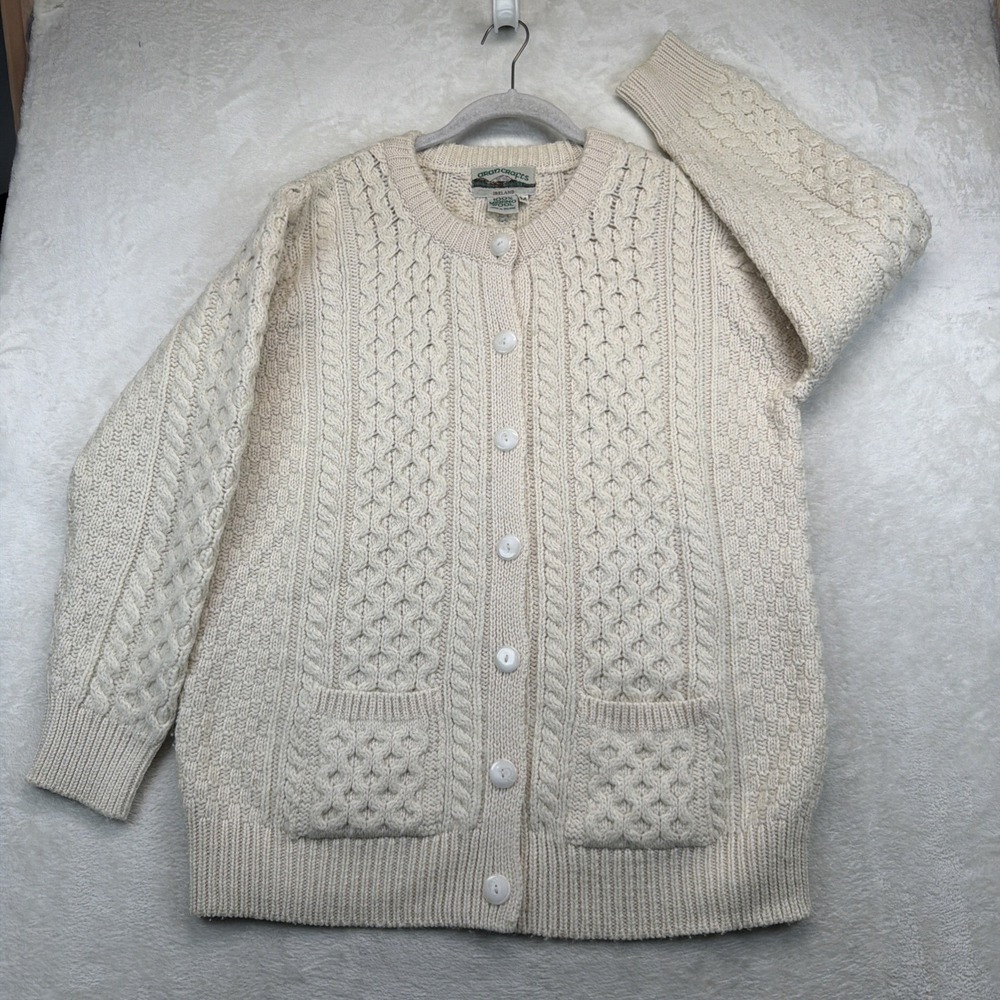 Aran Crafts Ireland Merino Wool Cardigan Womens M Cable Knit Fisherman Cream